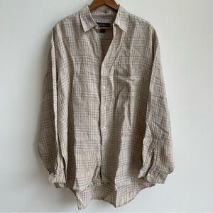 Banana Republic 100% Plaid Linen Cream Tan Button Down Shirt With Pocket